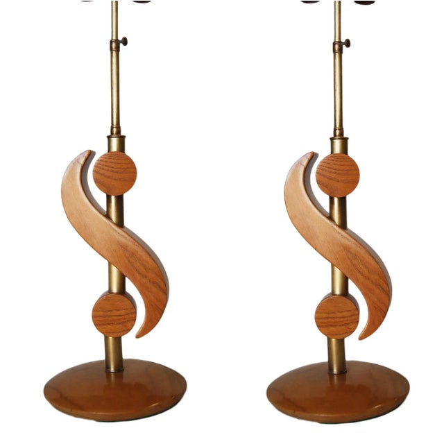 Brass Carved Oak and Brass Biomorphic Modernist Table Lamp, Pair For Sale - Image 8 of 8