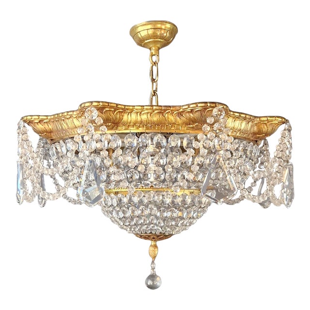 1900s Baroque Revival Crystal Chandelier Brass Basket Form Restored Historicism For Sale