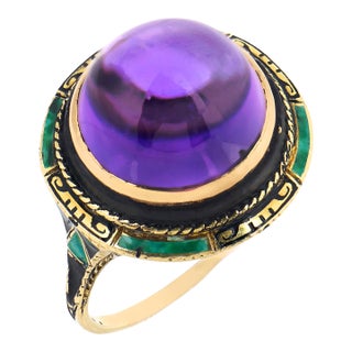 1910s Art Nouveau 7.25 Carat Amethyst 14k Yellow Gold Enamel Cocktail Ring, Size 6.75 For Sale