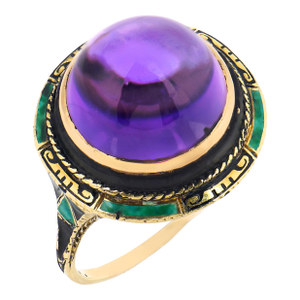 1910s Art Nouveau 7.25 Carat Amethyst 14k Yellow Gold Enamel Cocktail Ring, Size 6.75
