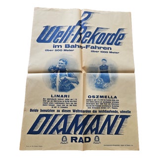 Diamant Bicycles World Record Linari y Oszmella Poster, 1928 For Sale