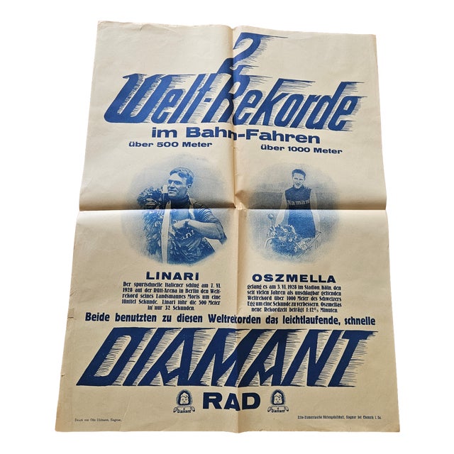 Diamant Bicycles World Record Linari y Oszmella Poster, 1928 For Sale