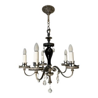 Antique Five-Arm Metal, Black Glass and Crystal Chandelier For Sale