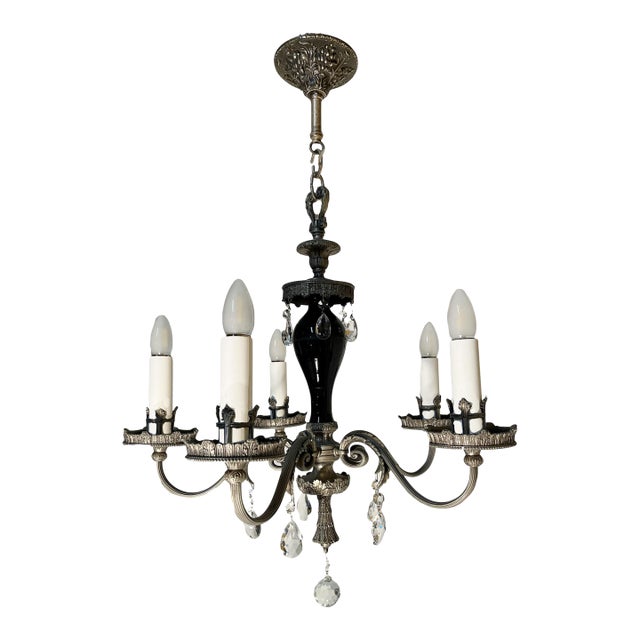 Antique Five-Arm Metal, Black Glass and Crystal Chandelier For Sale