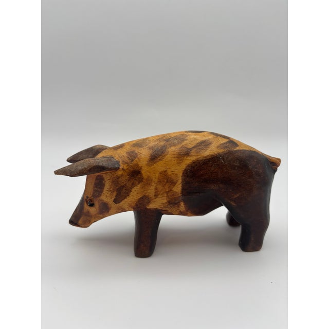Brown Vintage Hand-Carved Wood Pig Folk Art Sculpture For Sale - Image 8 of 10
