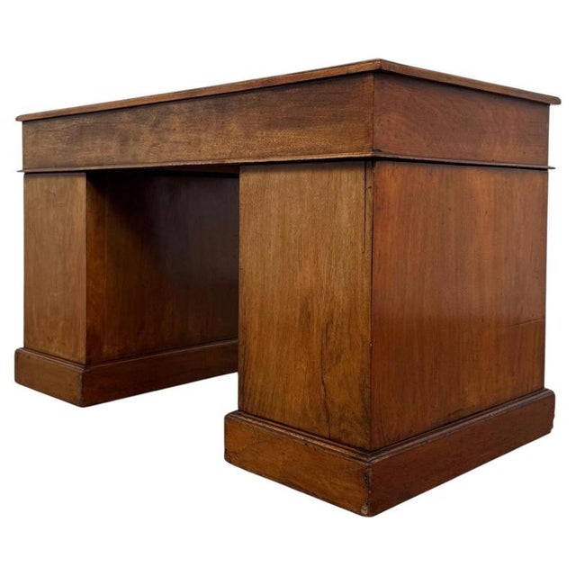 Metal Antique English Walnut Pedestal Desk with Blue Leather Top For Sale - Image 7 of 12