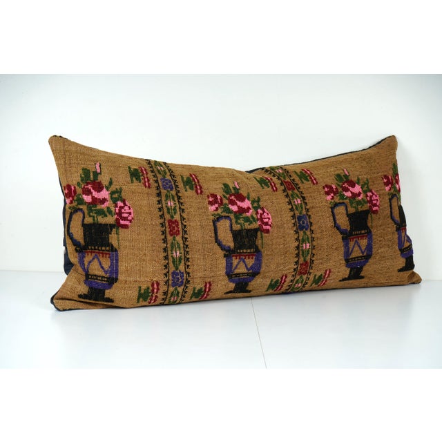 Mid-Century Modern Aubusson Camel Bohemian Bedding Wool Kilim Pillow Cover 15'' X 36'' For Sale - Image 3 of 5