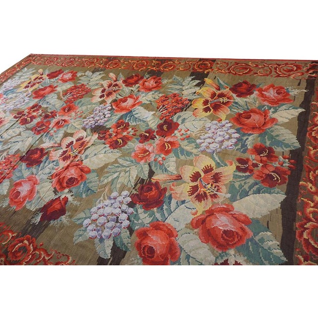 1900s Large Scale Olive Antique French Floral European Folk Besserabian Wool Rug For Sale - Image 11 of 11