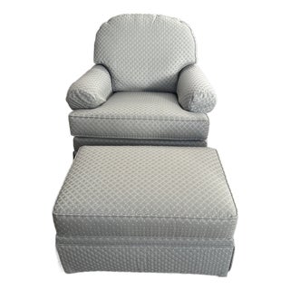 Ethan Allen Skirted Swivel Rocking Lounge Chair & Rolling Ottoman Set With Custom Fabric For Sale