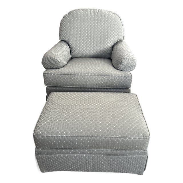 Ethan Allen Skirted Swivel Rocking Lounge Chair & Rolling Ottoman Set With Custom Fabric For Sale
