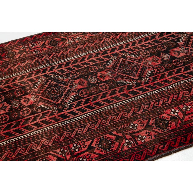 1980s Vintage Tribal Persian Baluch Rug | Hand-Knotted Red & Black Wool Runner For Sale - Image 5 of 9