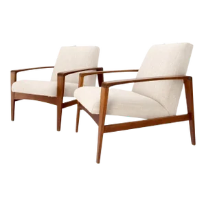Pair Restored New Oatmeal Upholstery Teak Mid-Century Modern Lounge Arm Chairs