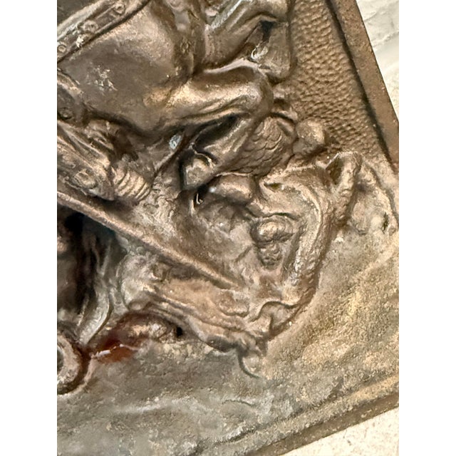 Metal Antique 1925 Hubley #312 Cast Iron, Bronze-Clad Bookend in Bas-Relief Depicting the Legend of Saint George Slaying the Dragon For Sale - Image 7 of 12