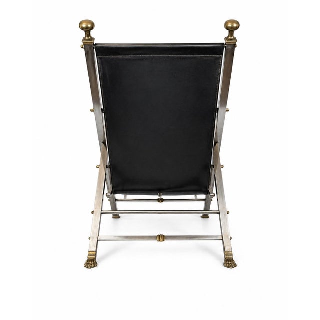 Maison Jansen Attributed to Maison Jansen Campaign Chairs – Brass & Steel With Black Leather Sling, 1970s. Three Available. For Sale - Image 4 of 6