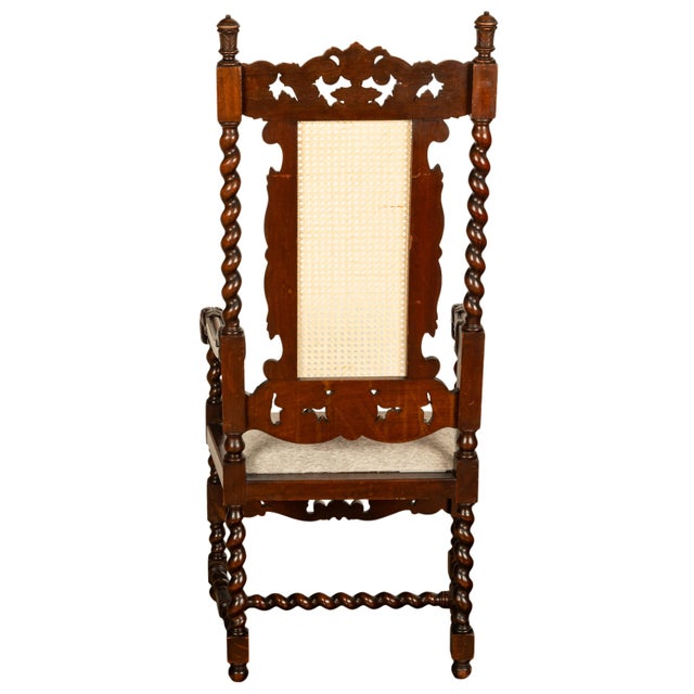 Antique French Louis XIII Carved Walnut Barley Twist Armchair Cane Cowhide 1880 For Sale In Portland, OR - Image 6 of 13