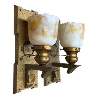 Hammered Arts and Crafts Wall Sconces With Bournique Shades Circa 1916 #2512 For Sale