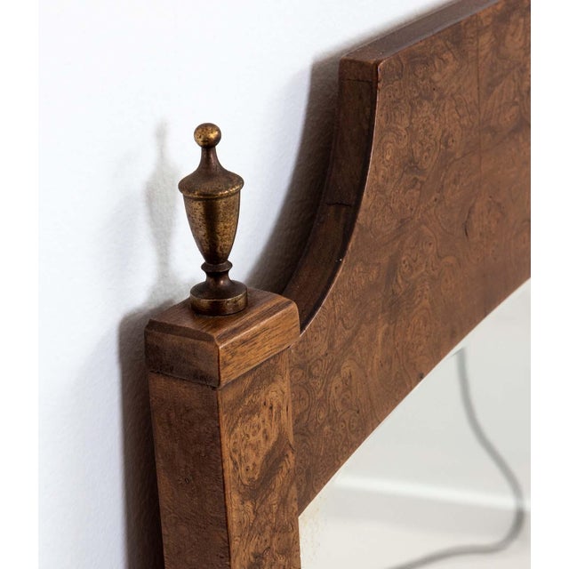Hollywood Regency Pair Burled Walnut Mirrors With Brass Finials For Sale - Image 3 of 13