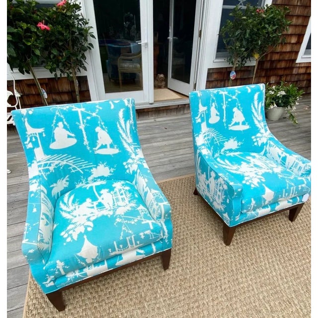 Wood A Pair of Custom Curved Chinoiserie Style Wingback Chairs For Sale - Image 7 of 11