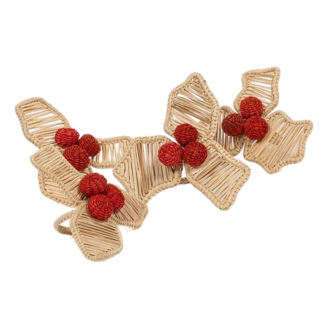 Sharland England Iraca Palm Christmas Holly Napkin Rings - Set of 4 For Sale