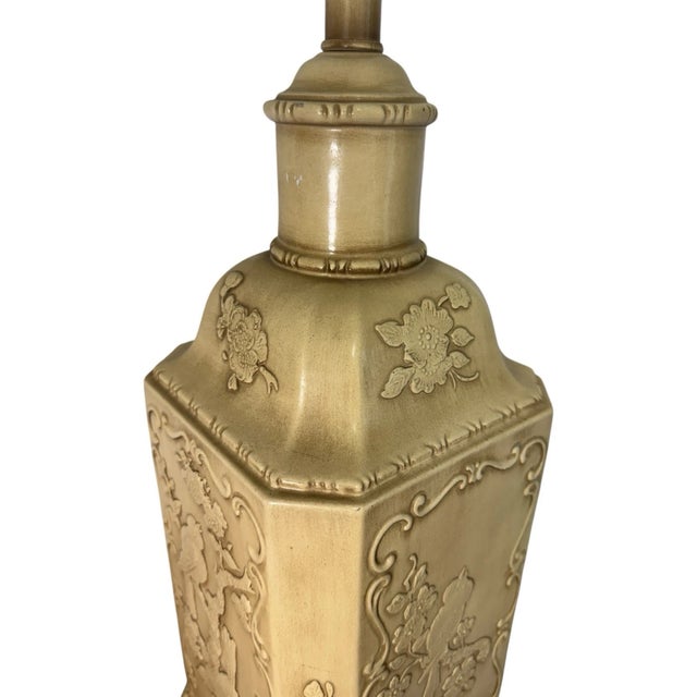 Mid 20th Century Chinoiserie Plaster Table Lamp Raised Bird Floral Relief Cream For Sale - Image 9 of 17