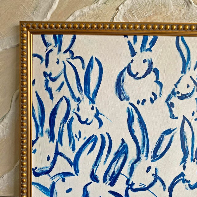 Chippendale Blue Bunny Painting Framed | Chinoiserie Rabbit Art | Acrylic on Canvas | Gold Gilded Frame | Preppy Wall Decor 13x13 For Sale - Image 3 of 6