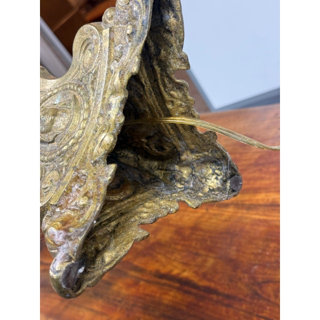 Antique Half Floor Length Table Lamp of Solid Brass + Fortuny Shade For Sale - Image 12 of 12