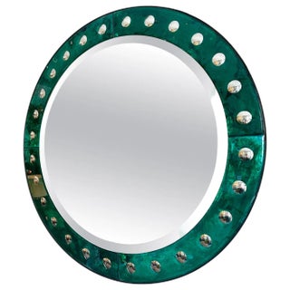 Venetian Circular Emerald Green Bordered Mirror For Sale