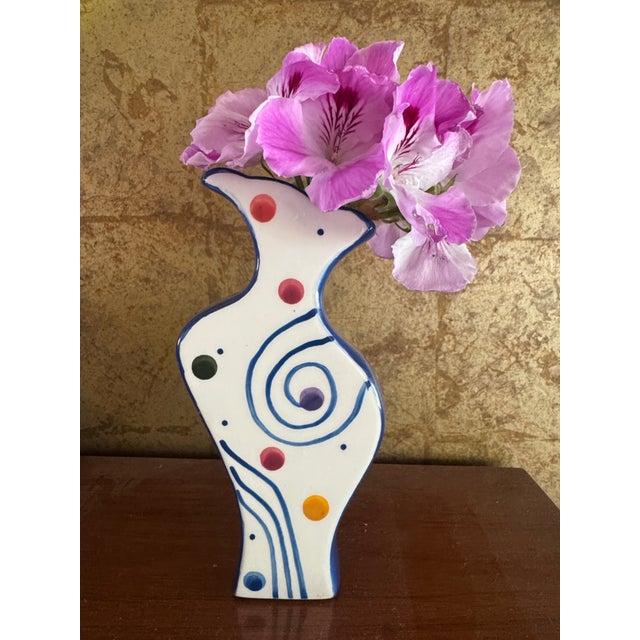 Empress Arts handpainted ceramic vase with wavy urn shape, colorful dots, and stripe and swirl pattern. Made in 1999. Cool...
