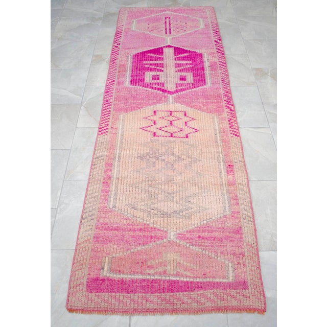 Hot Pink Vintage Turkish Hand-Knotted Runner Rug Pink Hallway Kitchen Decor - 2′10″ × 8′8″ For Sale - Image 8 of 13