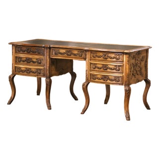 19th Century French Louis XV Carved Walnut Leather Top Desk From Provence For Sale