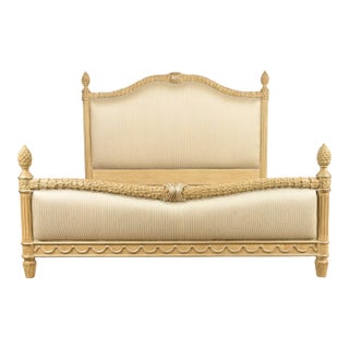 Henredon Style French Regency Louis XVI Cream Crackle Lacquered Upholstered King Size Bed For Sale
