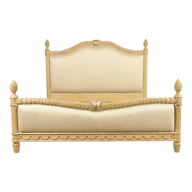 Henredon Style French Regency Louis XVI Cream Crackle Lacquered Upholstered King Size Bed For Sale