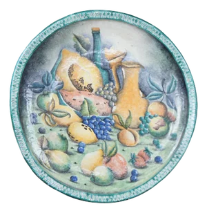 Late 20th Century Mayolica Santa Rosa Mexican Fruit Vessels Still Life Stoneware Charger Plate