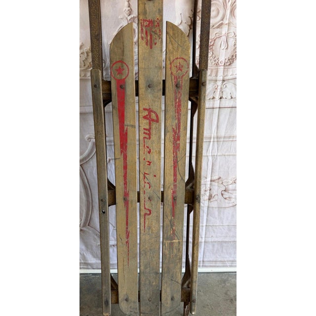 1900 - 1909 Antique American Wooden Sled With Original Red Graphics For Sale - Image 5 of 18