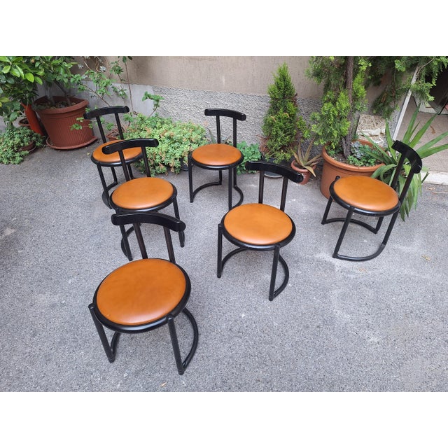 Wood Chairs in Black Lacquered Wood with Brown Leather Seats attributed to Tito Agnoli, 1960s, Set of 6 For Sale - Image 7 of 9