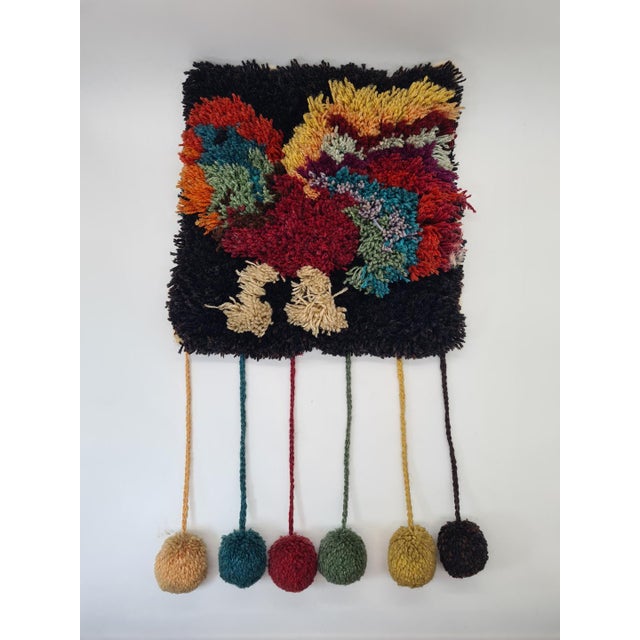 Handmade Rya-Style Wool Tapestry with Pom-Poms, 1970s For Sale - Image 4 of 9
