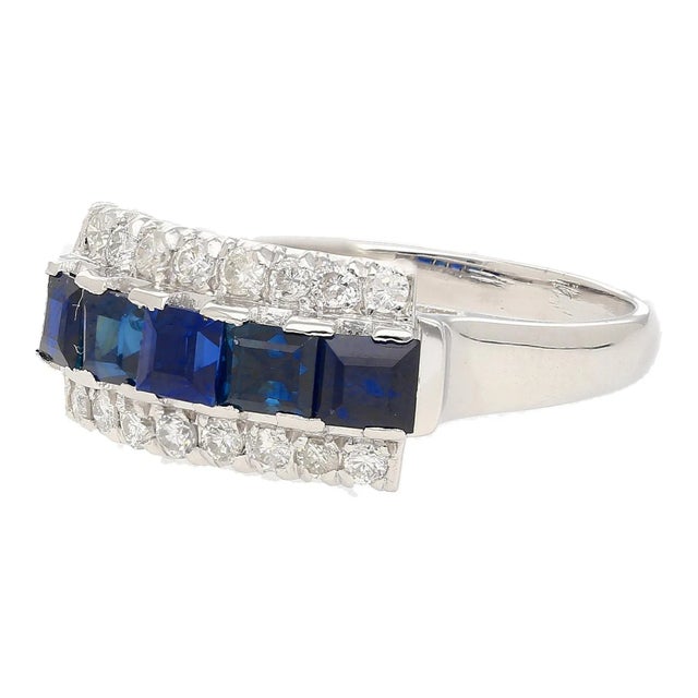 Natural 2.28 Carat Blue Sapphire & Diamond Cluster 5 Stone Platinum Ring For Sale - Image 4 of 9