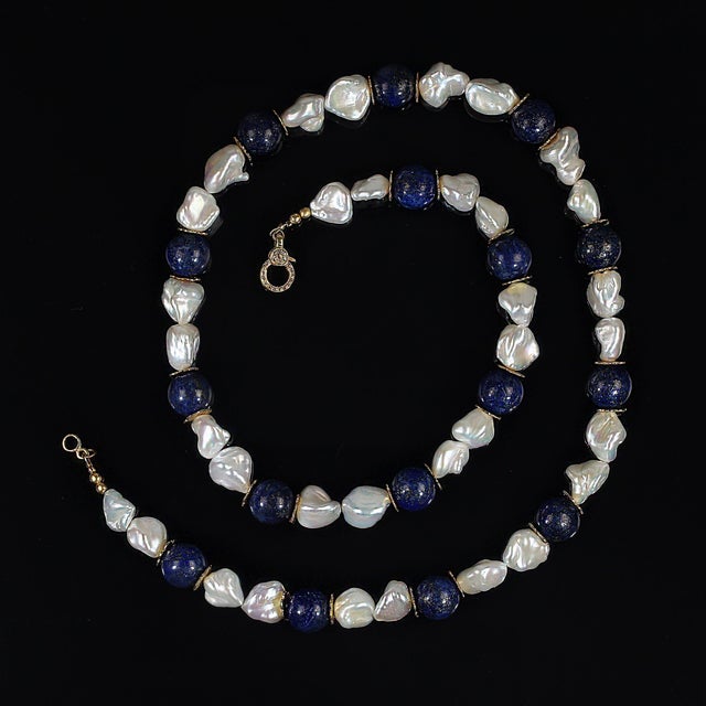 Keshi Pearl and Lapis Lazuli Necklace June Birthstone For Sale - Image 9 of 12
