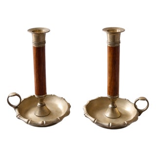 Mid-Century Modern Brass and Wood Chamber Candlesticks with Ring Handle, 1950, Set of 2 For Sale