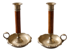 Mid-Century Modern Brass and Wood Chamber Candlesticks with Ring Handle, 1950, Set of 2