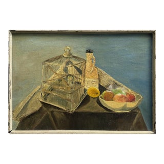 Vintage Modernist Still Life With Birdcage and Fruit, Signed (C. 1960, Oil on Cardboard) For Sale