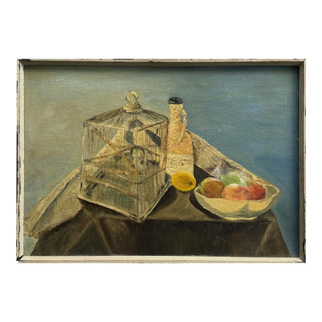 Vintage Modernist Still Life With Birdcage and Fruit, Signed (C. 1960, Oil on Cardboard) For Sale