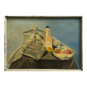 Vintage Modernist Still Life With Birdcage and Fruit, Signed (C. 1960, Oil on Cardboard)