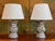A near pair of 19th C. Chinese export baluster form vases fashioned into lamps, painted in pinks, greens and blues. One...