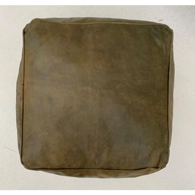 Tribal Square Green Olive Handmade Moroccan Leather Pouf Cover For Sale - Image 3 of 11