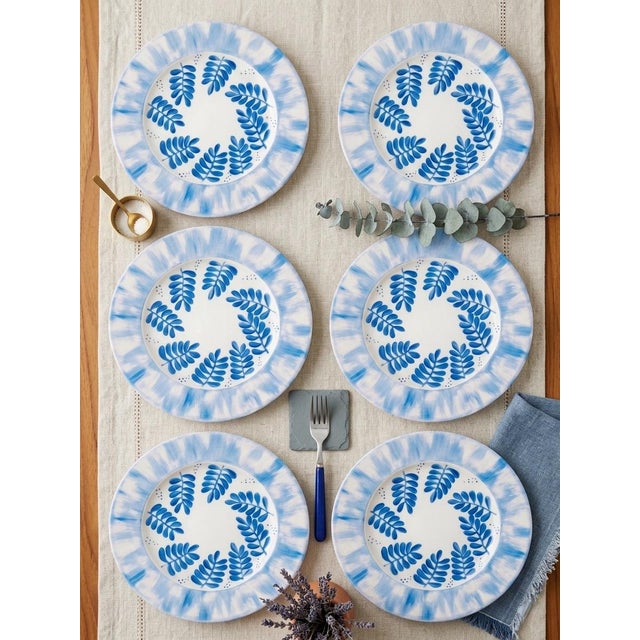 Ceramic Hand-Painted French Porcelain Dinner Plates - Blue Botanical Motif - Set of 6 For Sale - Image 7 of 7