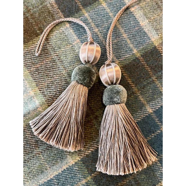 Aqua and Taupe Satin Beaded Key Tassel With Cut Velvet Detail For Sale - Image 12 of 17