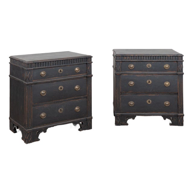 Pair, 19th Century Black Painted Swedish Gustavian Chest of Three Drawers For Sale