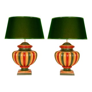 Vintage Italian Table Lamps Tall Carved Wood Vase Lamps 1980s a Pair For Sale