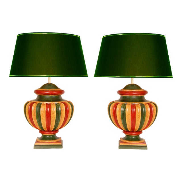 Vintage Italian Table Lamps Tall Carved Wood Vase Lamps 1980s a Pair For Sale